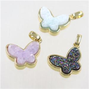 druzy quartz butterfly pendant, mix color, gold plated, approx 13-16mm [GM10245]