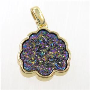 rainbow druzy quartz pendant, strawberry, gold plated, approx 15mm [GM10248]