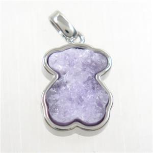 purple druzy quartz pendant, bear, platinum plated, approx 12-14mm [GM10251]