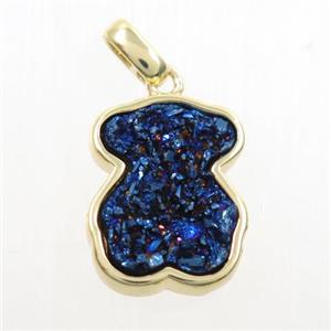 blue electroplated druzy quartz pendant, bear, gold plated, approx 12-14mm [GM10253]