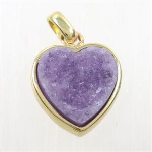 purple druzy quartz heart pendant, gold plated, approx 15mm [GM10257]