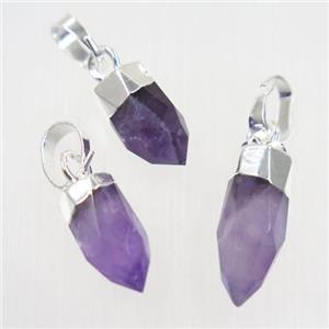 purple Amethyst pendant, faceted bullet, silver plated, approx 5-16mm [GM10267-L]