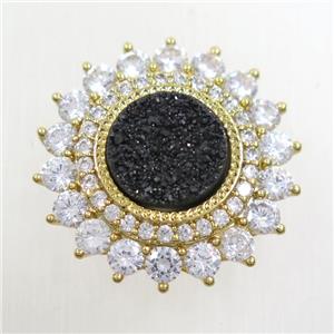 black Druzy Quartz SunFlower beads pave zircon, gold plated, approx 10mm, 23mm dia [GM10320]