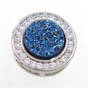 blue Druzy Quartz beads pave zircon, flat-round, platinum plated, approx 8mm, 13mm dia [GM10322]