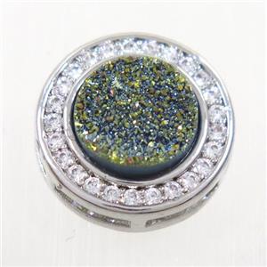 green Druzy Quartz beads pave zircon, flat-round, platinum plated, approx 8mm, 13mm dia [GM10323]