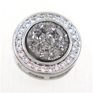 silver Druzy Quartz beads pave zircon, flat-round, platinum plated, approx 8mm, 13mm dia [GM10325]