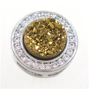 golden Druzy Quartz beads pave zircon, flat-round, platinum plated, approx 8mm, 13mm dia [GM10326]