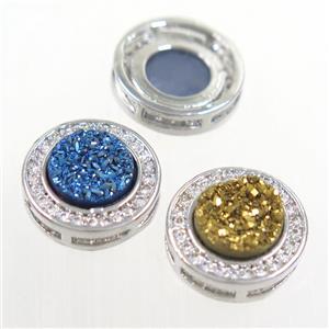 mix color Druzy Quartz beads pave zircon, flat-round, platinum plated, approx 8mm, 13mm dia [GM10327]