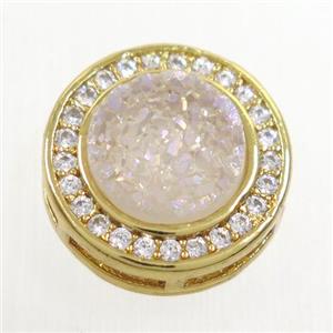 white AB-color Druzy Quartz beads pave zircon, flat-round, gold plated, approx 8mm, 13mm dia [GM10331]