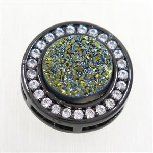 green Druzy Quartz beads pave zircon, flat-round, black plated, approx 8mm, 13mm dia [GM10334]
