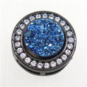 blue Druzy Quartz beads pave zircon, flat-round, black plated, approx 8mm, 13mm dia [GM10335]