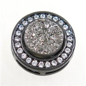 silver Druzy Quartz beads pave zircon, flat-round, black plated, approx 8mm, 13mm dia [GM10338]