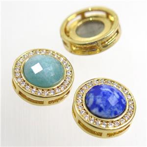 mix gemstone beads pave zircon, flat-round, gold plated, approx 8mm, 13mm dia [GM10353]