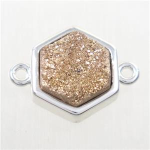 gold champagne Druzy quartz hexagon connector, platinum plated, approx 12mm [GM10360]