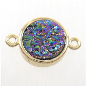 rainbow Druzy quartz circle connector, gold plated, approx 12mm dia [GM10364]
