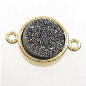 black Druzy quartz circle connector, gold plated, approx 12mm dia [GM10365]