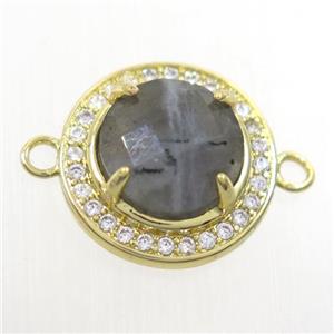 gray moonstone connector pave zircon, flat round, gold plated, approx 10mm, 16mm dia [GM10368]