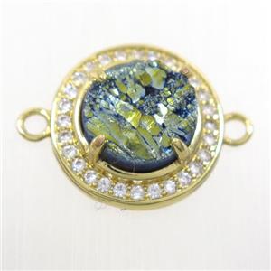 green Druzy agate connector pave zircon, flat round, gold plated, approx 10mm, 16mm dia [GM10371]