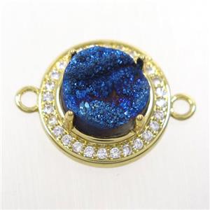 blue Druzy agate connector pave zircon, flat round, gold plated, approx 10mm, 16mm dia [GM10372]