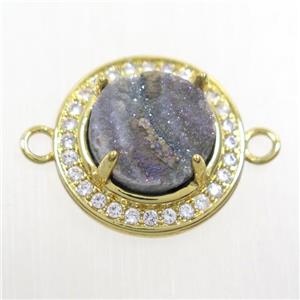 natural color Druzy agate connector pave zircon, flat round, gold plated, approx 10mm, 16mm dia [GM10373]
