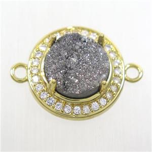 silver Druzy agate connector pave zircon, flat round, gold plated, approx 10mm, 16mm dia [GM10374]