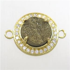 golden Druzy agate connector pave zircon, flat round, gold plated, approx 10mm, 16mm dia [GM10375]