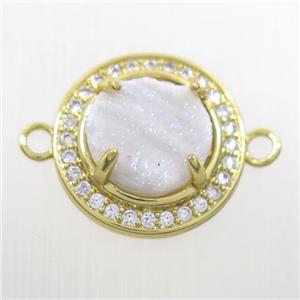 white AB-color Druzy agate connector pave zircon, flat round, gold plated, approx 10mm, 16mm dia [GM10376]