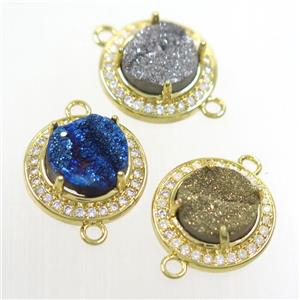 mix color Druzy agate connector pave zircon, flat round, gold plated, approx 10mm, 16mm dia [GM10377]