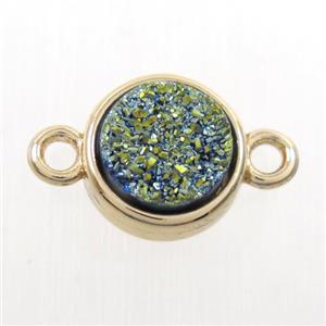 green Druzy agate connector, flat-round, gold plated, approx 10mm dia [GM10378]