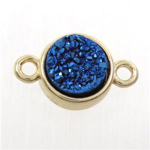 blue Druzy agate connector, flat-round, gold plated, approx 10mm dia [GM10379]