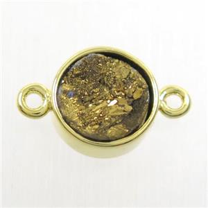 golden Druzy agate connector, flat-round, gold plated, approx 10mm dia [GM10382]