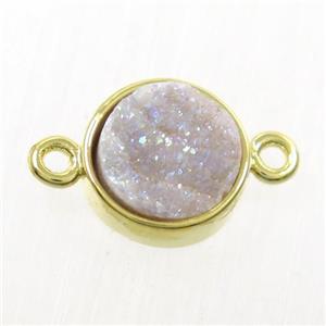 white AB-color Druzy agate connector, flat-round, gold plated, approx 10mm dia [GM10384]