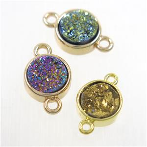 mix color Druzy agate connector, flat-round, gold plated, approx 10mm dia [GM10385]