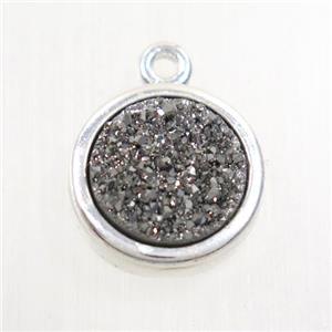 silver Druzy agate pendant, flat-round, platinum plated, approx 12mm [GM10462]