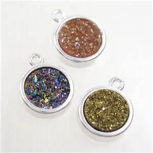 mix color Druzy agate pendant, flat-round, platinum plated, approx 12mm [GM10464]