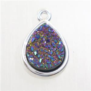 rainbow Druzy agate pendant, teardrop, platinum plated, approx 11-14mm [GM10465]