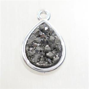 silver Druzy agate pendant, teardrop, platinum plated, approx 11-14mm [GM10466]
