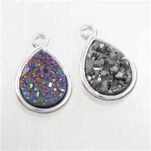 mix color Druzy agate pendant, teardrop, platinum plated, approx 11-14mm [GM10467]