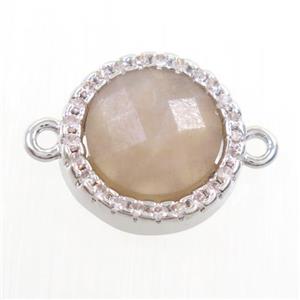 peach Moonstone connector paved zircon, circle, platinum plated, approx 11mm dia [GM10511]