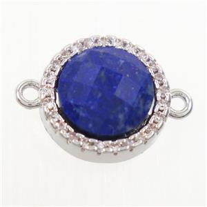 blue Lapis Lazuli connector paved zircon, circle, platinum plated, approx 11mm dia [GM10515]