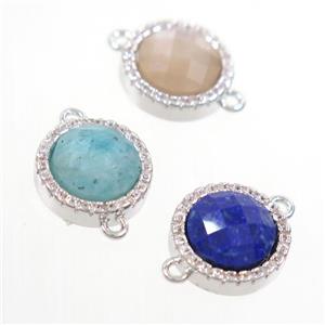 mixed gemstone connector paved zircon, circle, platinum plated, approx 11mm dia [GM10516]