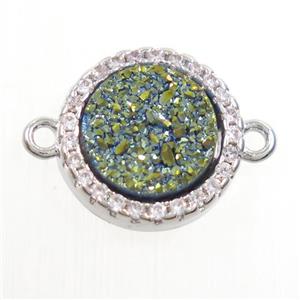 green Druzy Quartz connector paved zircon, circle, platinum plated, approx 11mm dia [GM10528]