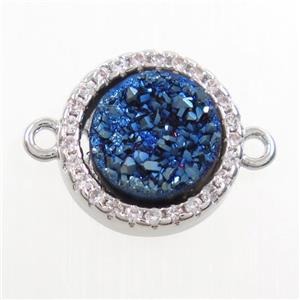 blue Druzy Quartz connector paved zircon, circle, platinum plated, approx 11mm dia [GM10529]