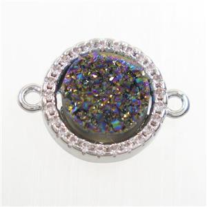 rainbow Druzy Quartz connector paved zircon, circle, platinum plated, approx 11mm dia [GM10530]
