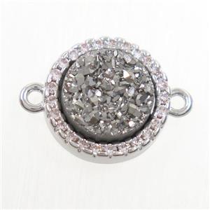 silver Druzy Quartz connector paved zircon, circle, platinum plated, approx 11mm dia [GM10532]