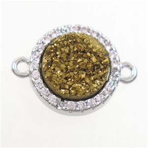 gold Druzy Quartz connector paved zircon, circle, platinum plated, approx 11mm dia [GM10533]