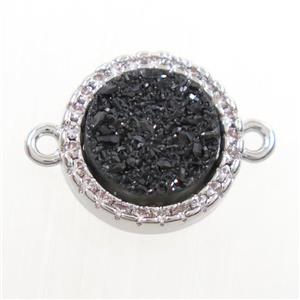 black Druzy Quartz connector paved zircon, circle, platinum plated, approx 11mm dia [GM10534]