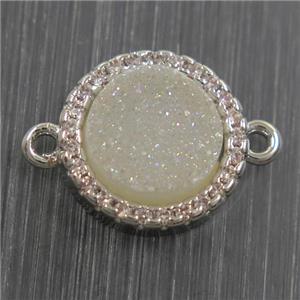 white AB-color Druzy Quartz connector paved zircon, circle, platinum plated, approx 11mm dia [GM10535]