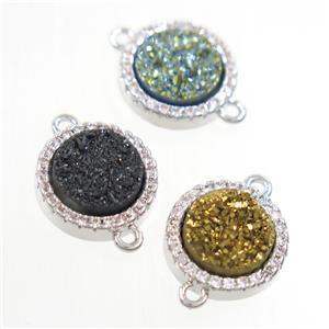 mixed color Druzy Quartz connector paved zircon, circle, platinum plated, approx 11mm dia [GM10536]