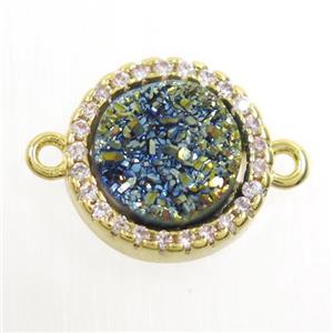 green Druzy Quartz connector paved zircon, circle, gold plated, approx 11mm dia [GM10537]